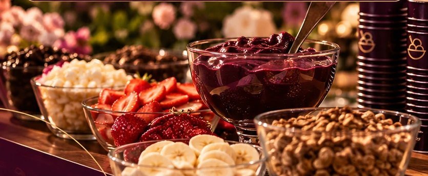 Mesa de açaí com morango, banana, granola e copos personalizados