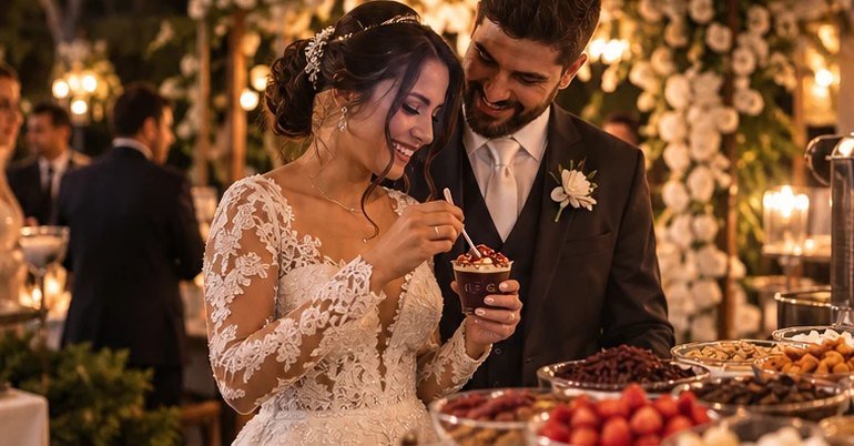 Noivos provando açaí na estação durante o casamento